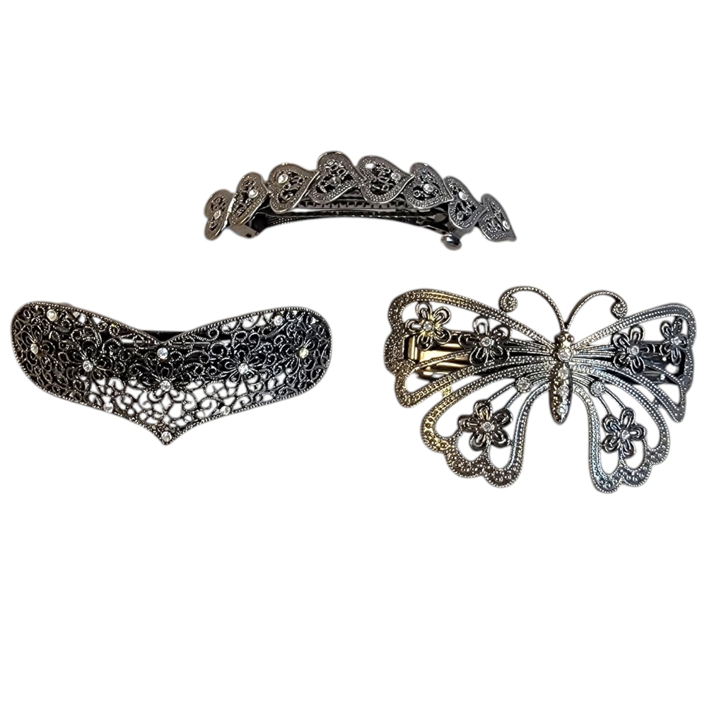 Decrotove Floral Metal Barettes Black Butterfly, Heart, Row of Hearts lot of 3